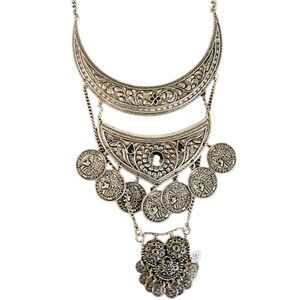 Y2K French Napoleon Coin Statement Oxidized Silver Tone Boho Tribal Bib Necklace
